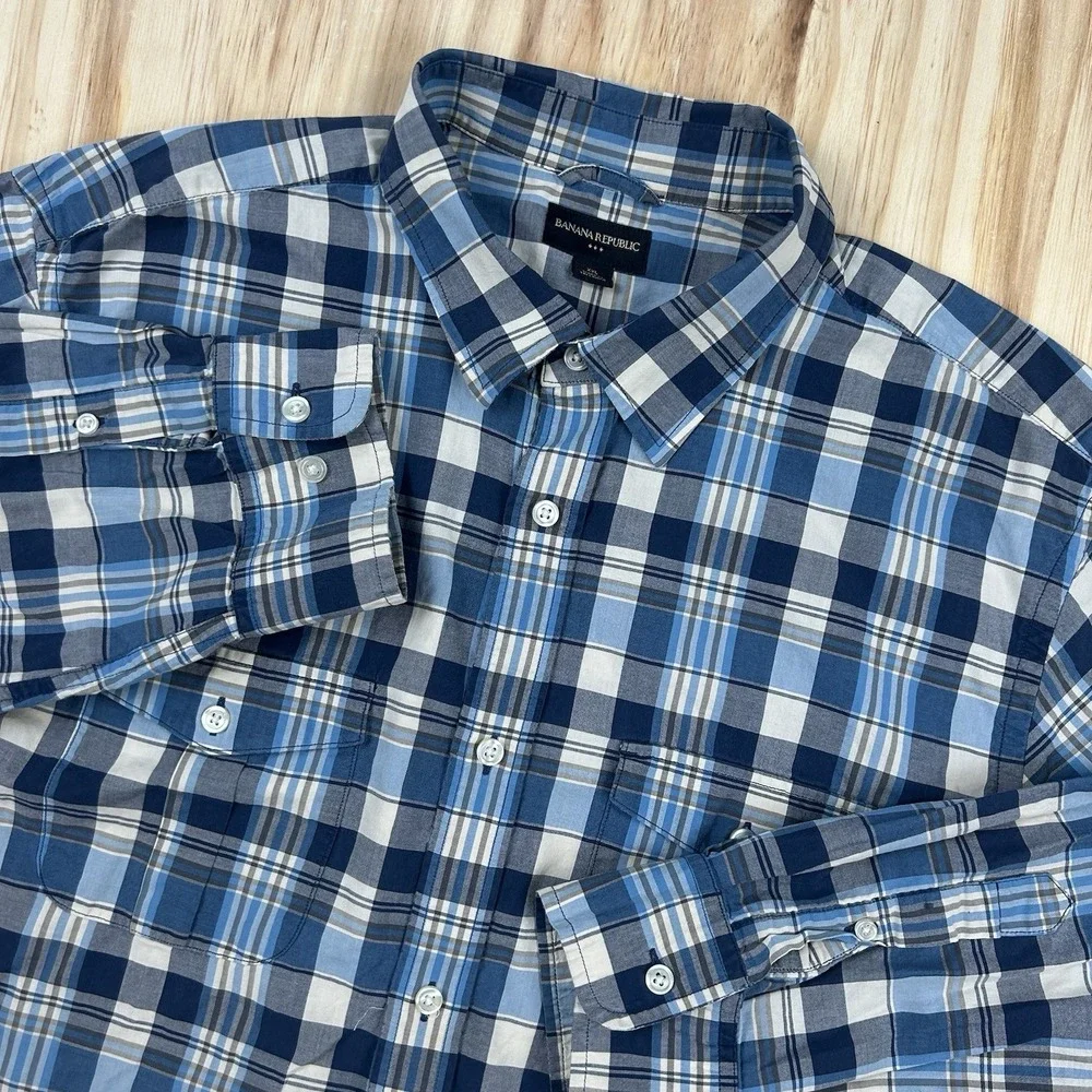 Banana Republic Shirt Men's Size 2XL Plaid Button Down Long Sleeve Cotton Blue